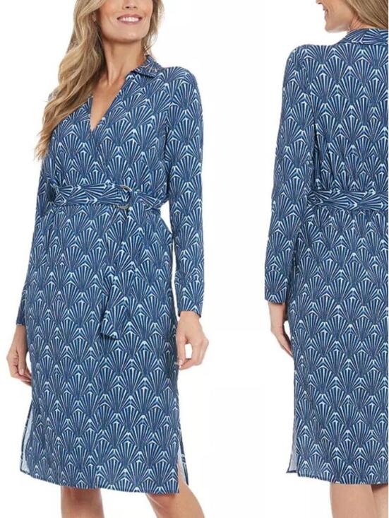 London Times Dresses & Skirts - London Times Blue Geometric Wrap Midi Dress Long Sleeve NWT 16